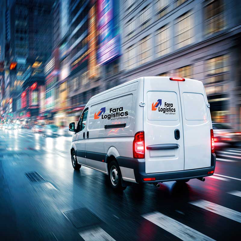 Fara Logistics delivery van driving through a busy city street at night with motion blur and bright lights.